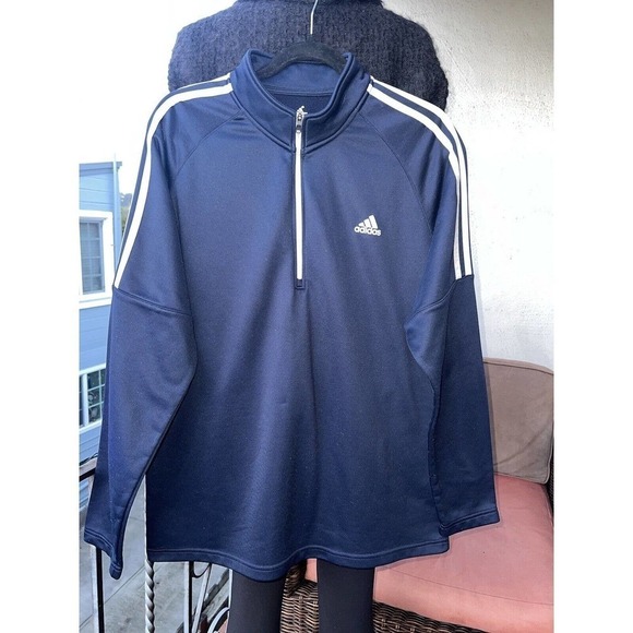 Adidas Golf Mens Large Pullover French Terry 1/4 Zip Crew Navy Blue UPF 50 - Picture 2 of 4